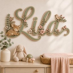 May include: A wall-mounted wooden sign featuring the name Lila in sage green script, decorated with a sleeping fawn, pink flowers, green leaves, a small bird, and a butterfly. The sign is displayed above a table with a plush rabbit and mushrooms.
