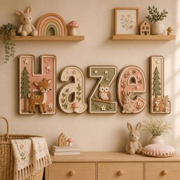 May include: A wall-mounted wooden name sign spelling Hazel, featuring layered letters in soft pink and sage green. Each letter is decorated with woodland motifs including a deer, owl, rabbit, squirrel, pine trees, mushrooms, and stars.