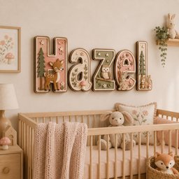 May include: A wall-mounted wooden name sign spelling the name Hazel in large, dimensional letters. Each letter features woodland-themed illustrations including a deer, an owl, a rabbit, a squirrel, pine trees, mushrooms, and small stars in soft pastel tones.