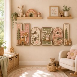 May include: A wall-mounted wooden name sign spelling Hazel in large, dimensional letters. Each letter features woodland-themed decorations including a deer, an owl, a squirrel, mushrooms, flowers, and stars in soft pastel shades of pink, green, and cream.