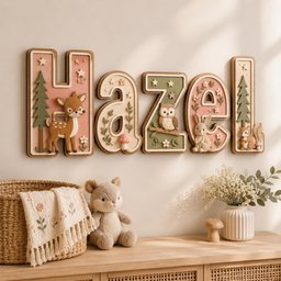 May include: A wall-mounted wooden sign spelling the name Hazel in individual letters. Each letter features a light pink or sage green background with raised 3D woodland elements including a deer, owl, rabbit, squirrel, pine trees, and flowers.