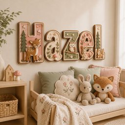 May include: A wall-mounted wooden sign spelling the name Hazel in large, dimensional letters. Each letter features woodland-themed relief carvings including a deer, an owl, a rabbit, a squirrel, pine trees, mushrooms, and stars in soft pink and green tones.
