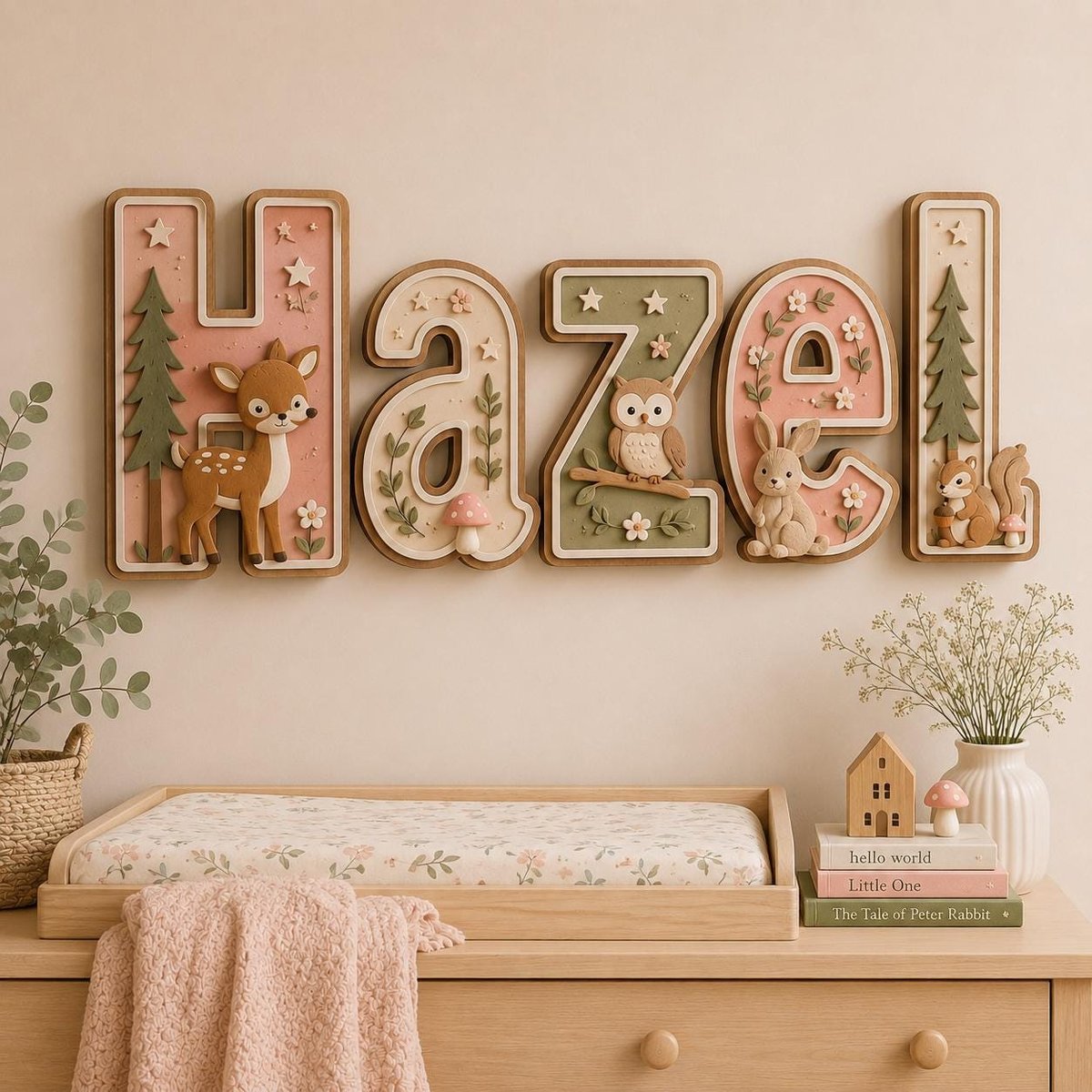 May include: A wall-mounted wooden sign spelling the name Hazel in large, dimensional letters. Each letter features woodland-themed relief carvings including a deer, an owl, a rabbit, a squirrel, pine trees, mushrooms, and stars in soft pink and green tones.