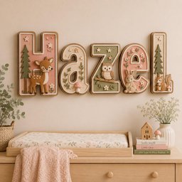 May include: A wall-mounted wooden sign spelling the name Hazel in large, dimensional letters. Each letter features woodland-themed relief carvings including a deer, an owl, a rabbit, a squirrel, pine trees, mushrooms, and stars in soft pink and green tones.
