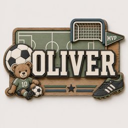 May include: A layered wooden wall sign featuring the name OLIVER in large block letters. The design includes a green soccer field background, a soccer ball, a teddy bear wearing a green jersey with the number 10, a soccer goal, a cleat, and a pennant with the text MVP.