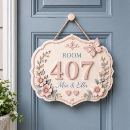May include: A pale pink, scalloped-edge wall plaque hanging by a rope, featuring the text ROOM 407 and Mia & Ella. The sign is decorated with raised floral motifs, green leaves, two small hearts, and a butterfly in shades of pink and blue.