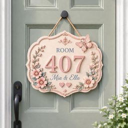 May include: A decorative wall plaque with a light pink finish, featuring the text ROOM 407 and Mia & Ella. The plaque is adorned with sculpted pink flowers, green leaves, two small hearts, and a butterfly, suspended by a tan rope cord.