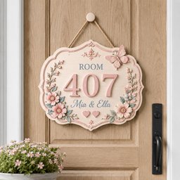 May include: A cream-colored decorative wall sign with a scalloped edge, featuring the text ROOM 407 and Mia & Ella. The sign is adorned with relief-style pink flowers, green leaves, two small hearts, and a butterfly, all suspended by a rope.