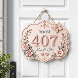 May include: A decorative wall sign with a light pink finish, featuring the text ROOM 407 and Mia & Ella. The sign is adorned with sculpted pink flowers, green leaves, a butterfly, and two small hearts, suspended by a tan rope from a white door.