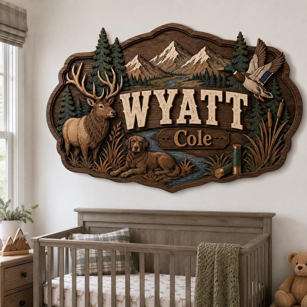 Hunting Nursery Decor, Elk Duck Dog Personalized Wood Name Sign, Custom Buck Deer Wall Art, Mountain Cabin Decor, Rustic Baby Boy Gift, 3 image 1
