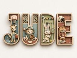 May include: A multi-layered wooden wall art piece spelling the name JUDE. Each letter features a different sports theme with animal characters: a giraffe playing basketball, a dog in baseball gear, a rabbit with a tennis racket, and a tiger.