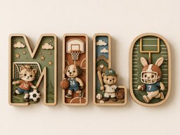 May include: A set of four wooden wall letters spelling MILO, each featuring a layered 3D design with a different animal athlete: a cat playing soccer, a dog playing basketball, a bear playing baseball, and a rabbit playing football.