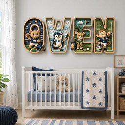 May include: A wall-mounted wooden sign spelling the name OWEN, where each letter is a shadow box containing a 3D animal figure: a bear with a football, a penguin with a hockey stick, a deer with golf clubs, and a monkey with a soccer ball.