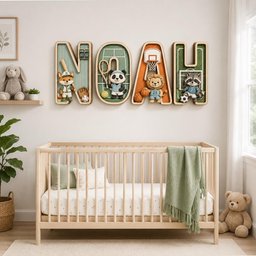 May include: A wall-mounted wooden sign spelling the name NOAH, featuring four large letters. Each letter contains a 3D animal character engaged in a different sport: a fox playing baseball, a panda playing tennis, a lion playing basketball, and a raccoon playing soccer.