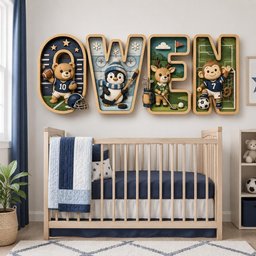 May include: A wall-mounted wooden sign spelling the name OWEN, where each letter is a shadow box containing a 3D animal figure: a football-playing bear in O, a hockey-playing penguin in W, a golfing deer in E, and a soccer-playing monkey in N.