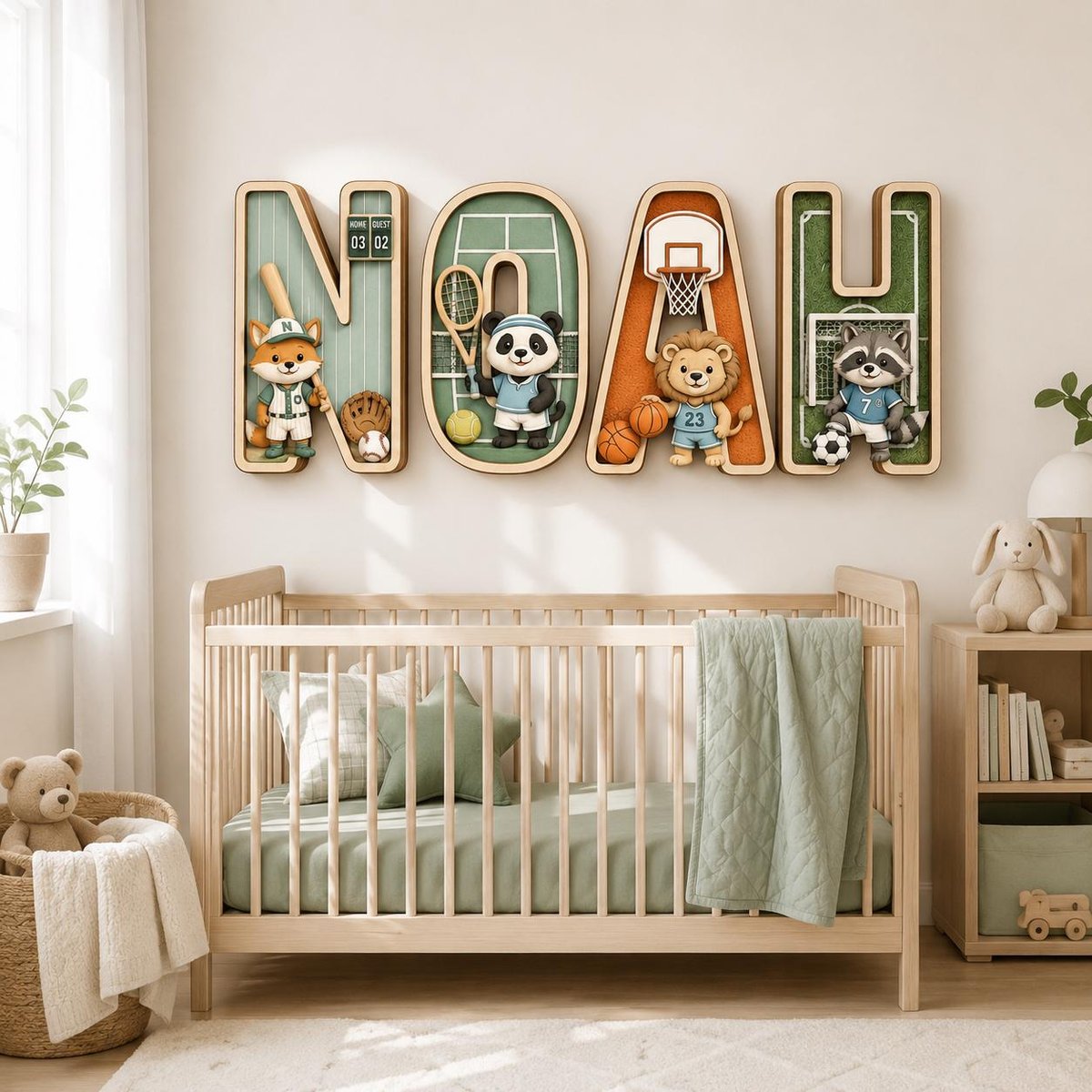 May include: A set of four large, three-dimensional wall letters spelling NOAH, each featuring a different sports theme with a cartoon animal character, including a baseball fox, tennis panda, basketball lion, and soccer raccoon.
