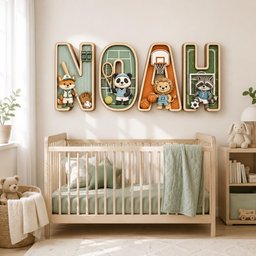 May include: A set of four large, three-dimensional wall letters spelling NOAH, each featuring a different sports theme with a cartoon animal character, including a baseball fox, tennis panda, basketball lion, and soccer raccoon.