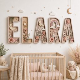 May include: Five large, light-colored wooden letters spelling ELARA, each featuring intricate 3D cutouts of moons, suns, rainbows, clouds, and floral arrangements in muted pink, beige, and cream tones, mounted on a wall above a wooden crib.