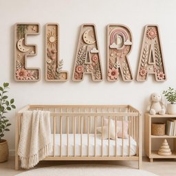 May include: Five large wooden letters spelling ELARA mounted on a wall. Each letter features a hollow frame filled with intricate 3D cutouts of flowers, leaves, stars, moons, suns, clouds, and rainbows in soft shades of pink, beige, and cream.