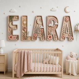 May include: Five large wooden letters spelling ELARA, each featuring intricate 3D cutouts of suns, moons, rainbows, clouds, and flowers in soft pink, beige, and cream tones. The letters are mounted on a wall above a wooden crib with a pink blanket.