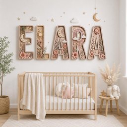 May include: A wooden wall sign spelling the name ELARA, featuring individual letters filled with 3D floral, sun, moon, and star motifs in soft pink, beige, and cream tones. The letters are mounted above a wooden crib with a white blanket.