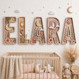 May include: Five large wooden letters spelling ELARA mounted on a wall, each featuring intricate 3D cutouts of moons, suns, rainbows, clouds, stars, and floral arrangements in soft pastel pink, beige, and muted green tones for nursery decor.