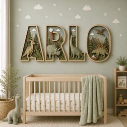 May include: Four wooden wall-mounted letters spelling ARLO, each containing a 3D diorama with green dinosaur figures, trees, and mountains. The letters are mounted on a sage green wall above a light wood crib with a textured green blanket.