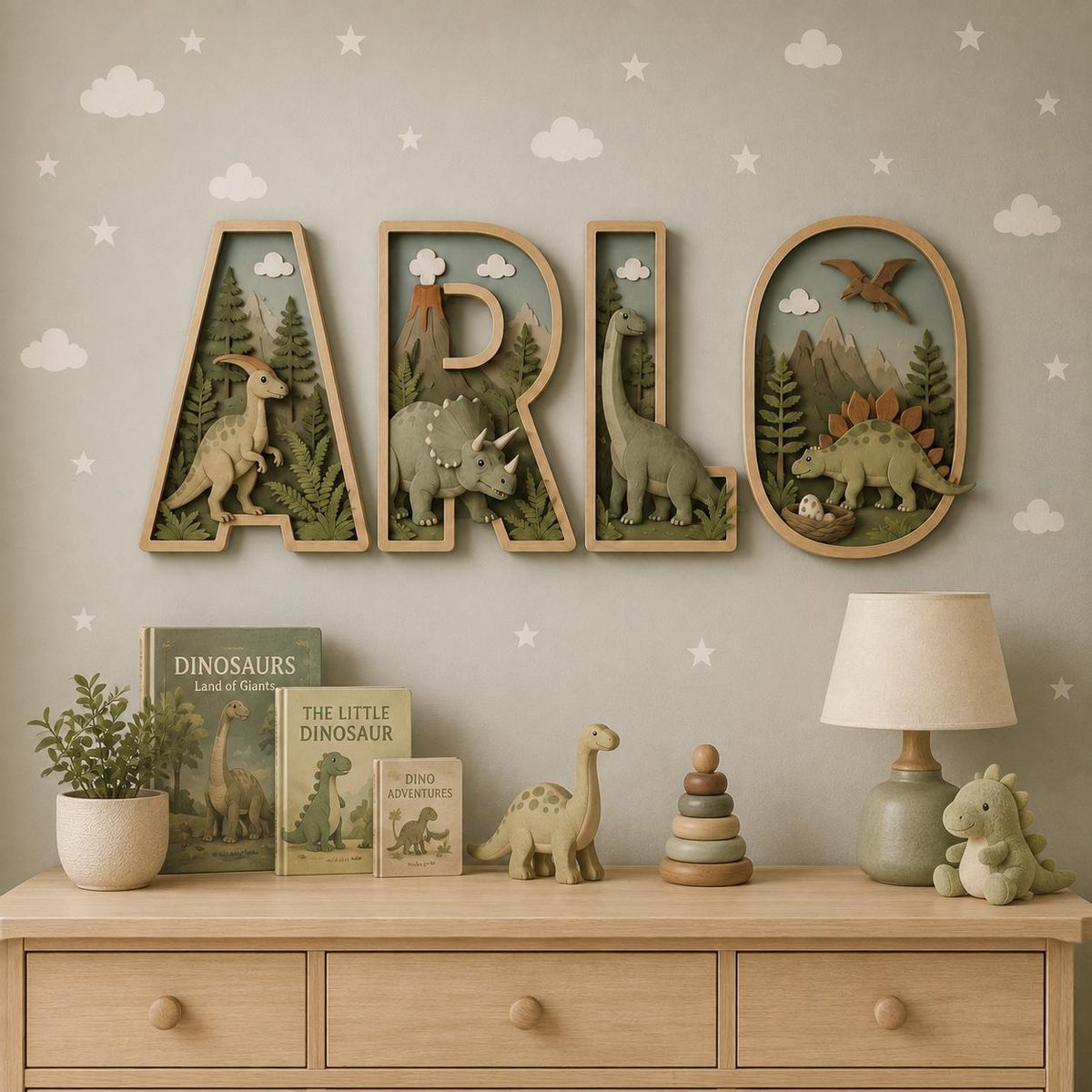 May include: Four wooden wall-mounted letters spelling ARLO, each containing a 3D diorama of prehistoric landscapes with dinosaurs. The letter A features a parasaurolophus, R a triceratops, L a long-necked dinosaur, and O a stegosaurus with a pterodactyl.