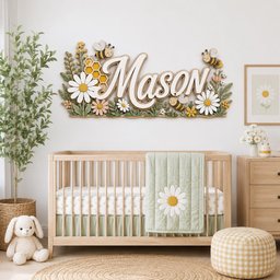 May include: A wooden wall sign featuring the name Mason in white script lettering, surrounded by layered cutouts of yellow and white daisies, green foliage, honeycomb patterns, and three cartoon bees with yellow and black stripes.