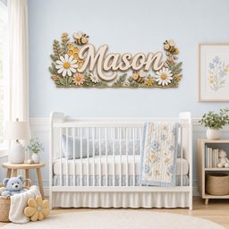 May include: A decorative wooden wall sign featuring the name Mason in large script lettering, surrounded by layered cutouts of white daisies, green foliage, yellow honeycomb patterns, and three small cartoon bees with striped bodies.
