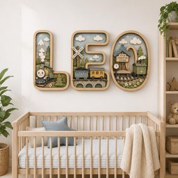 May include: A three-piece wooden wall art set spelling LEO, featuring layered train-themed dioramas. The letter L shows a steam engine, E displays a rail crossing and coal cars, and O depicts a train station labeled Little Conductor Station.