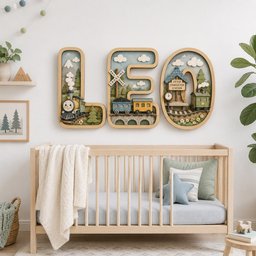May include: Three dimensional wooden wall letters spelling LEO, featuring a train theme with a steam engine, rail crossing sign, and a station labeled Little Conductor Station, decorated with clouds, trees, and mountains in soft colors.