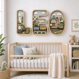 May include: Three wooden wall-mounted letters spelling LEO, each featuring a layered 3D train-themed diorama. The L shows a steam engine, the E a crossing sign and train cars, and the O a station building with the text Little Conductor Station.