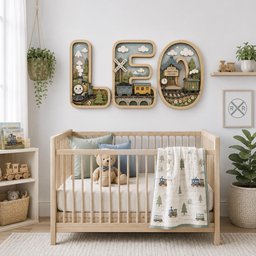 May include: Three large wooden wall letters spelling LEO, each featuring a 3D train-themed diorama with a locomotive, a railroad crossing sign, a station, trees, and clouds. The letters are mounted above a wooden crib with a train-patterned quilt.