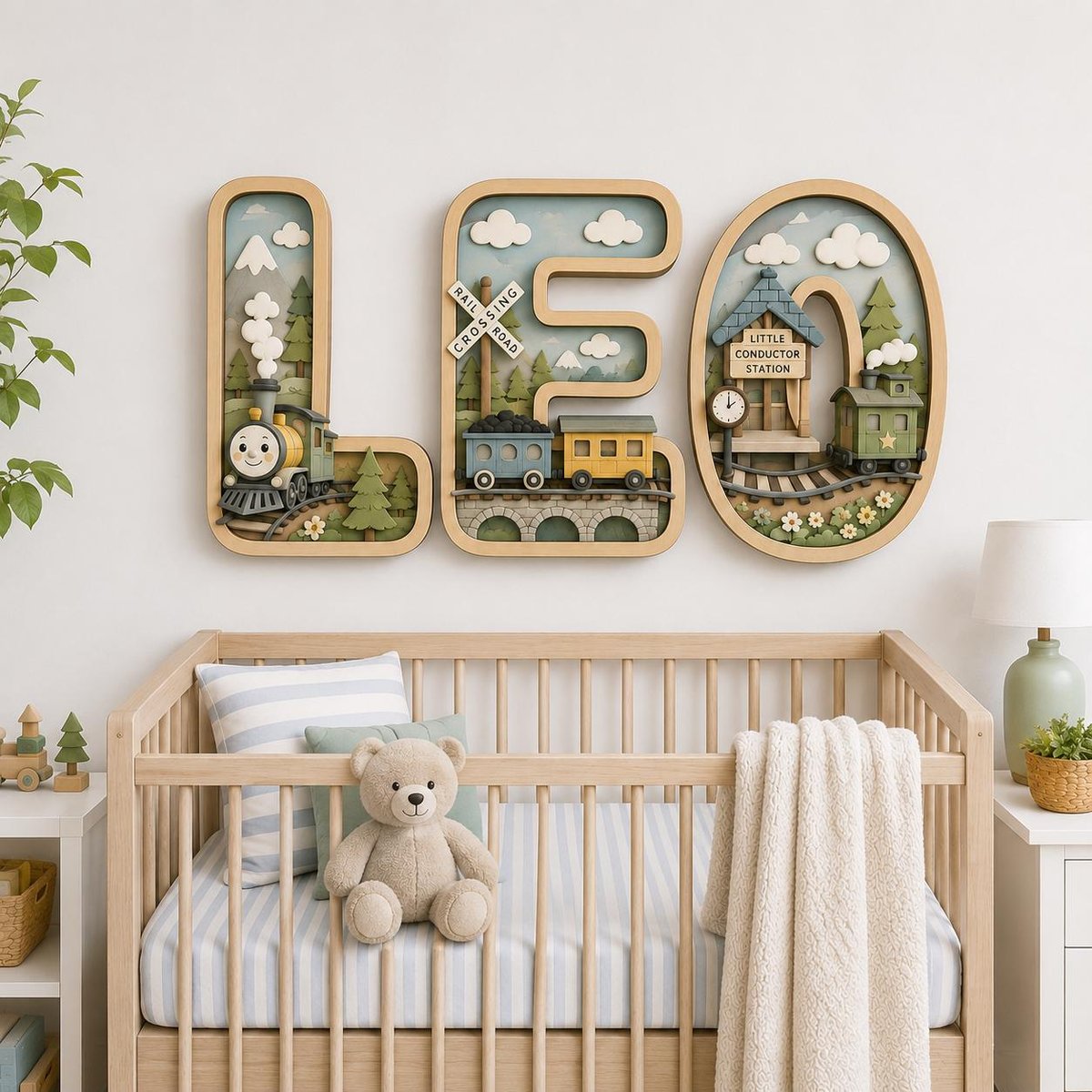 May include: A three-piece wooden wall art set spelling LEO, featuring layered train-themed dioramas. The L includes a steam engine, the E a rail crossing and train cars, and the O a station labeled Little Conductor Station with a train.
