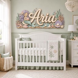 May include: A wall-mounted wooden sign featuring the name Aria in large script lettering, surrounded by a sculpted mermaid, coral, seashells, and bubbles in pastel shades of pink, purple, teal, and cream, displayed above a white baby crib.