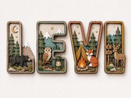 May include: Four layered wooden wall letters spelling LEVI, each featuring a nature scene. The L shows a bear and moon, the E an owl and lantern, the V a tent and campfire, and the I a deer and signpost, all set against mountain and forest backdrops.