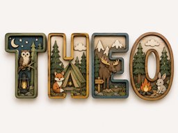 May include: A set of four wooden letters spelling THEO, each featuring layered forest scenes. The T shows an owl and lantern, the H a fox and tent, the E a moose and mountains, and the O a campfire and rabbit, all in natural wood tones.