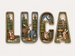 May include: A set of four wooden letters spelling LUCA, each featuring a layered 3D forest scene. The L shows a fox, the U a moose and tent, the C an owl under a moon, and the A a rabbit with a backpack, all set against pine trees and mountains.