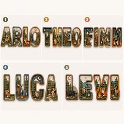 May include: Five sets of wooden letters spelling the names ARLO, THEO, FINN, LUCA, and LEVI. Each letter is a hollow frame containing a layered 3D forest scene with woodland animals, pine trees, mountains, campfires, and night sky elements.