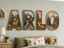 May include: Four large wooden letters spelling ARLO, each featuring a layered 3D forest scene. The A shows a deer, the R a raccoon with a lantern, the L a fox by a campfire, and the O a bear near a tent and stream, all in natural earth tones.