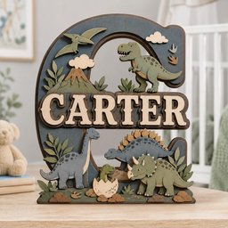 May include: A large wooden letter C featuring a layered dinosaur theme with the name CARTER in raised lettering. The design includes a green T-Rex, a blue long-necked dinosaur, a grey Stegosaurus, a green Triceratops, a baby dinosaur in an egg, and a volcano.