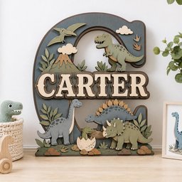 May include: A large wooden letter C featuring a layered dinosaur theme with the name CARTER in cream-colored letters. The design includes a green T-Rex, a blue long-necked dinosaur, a triceratops, a baby dinosaur in an egg, and a volcano.