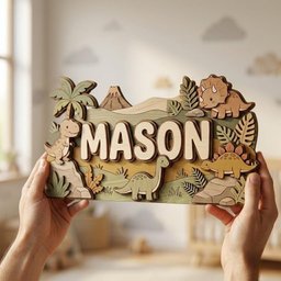 May include: A wooden sign with the name "MASON" in large, light-colored letters. The sign features a dinosaur theme with various dinosaur figures, palm trees, and a volcano. The background has a layered design with green and brown tones.