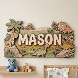 May include: Wooden sign with the name "MASON" in large, light-colored letters. The sign features a dinosaur theme with various dinosaurs, a volcano, and palm trees. The background has layers of green, yellow, and brown.
