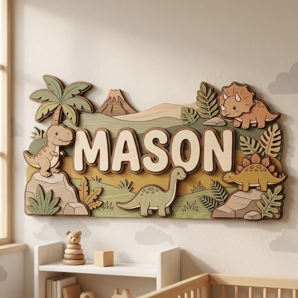 May include: Wooden dinosaur-themed name sign with the name "MASON" in large, light-colored letters. The sign features a landscape with dinosaurs, palm trees, and a volcano, perfect for a child's room.