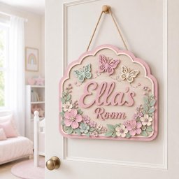 May include: A decorative wooden wall sign with a light wood finish and a pink border, hanging by a jute rope. The sign features the text "Ella's Room" in pink script, adorned with three-dimensional butterflies and floral arrangements in shades of pink, cream, and sage green.