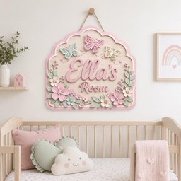 May include: A wall-mounted wooden sign with a scalloped pink border featuring the text "Ella's Room" in raised pink lettering. The sign is decorated with three-dimensional wooden butterflies and floral arrangements in shades of pink, green, and cream.
