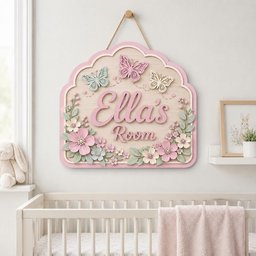 May include: A decorative wooden wall sign with a light wood background and a pink scalloped border. The sign features the text 'Ella's Room' in pink script, accented by three-dimensional wooden butterflies and floral arrangements in pastel pink, blue, and cream.