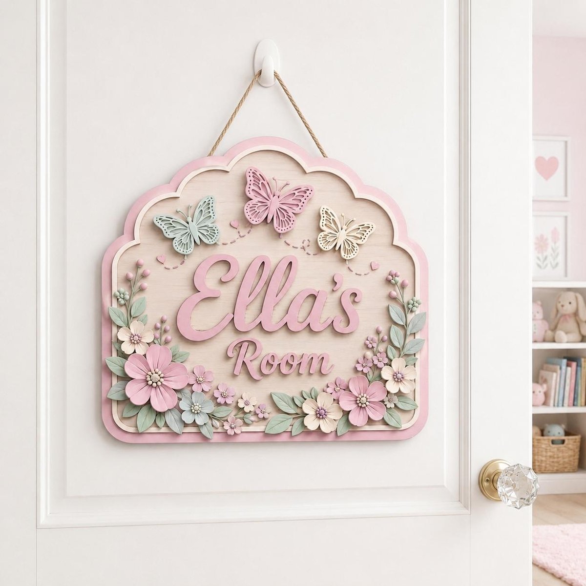 May include: A wooden wall sign with a light pink scalloped border and a beige center. The text reads Ella's Room in raised pink lettering. The sign is decorated with three dimensional butterflies and various pink and light blue floral accents.